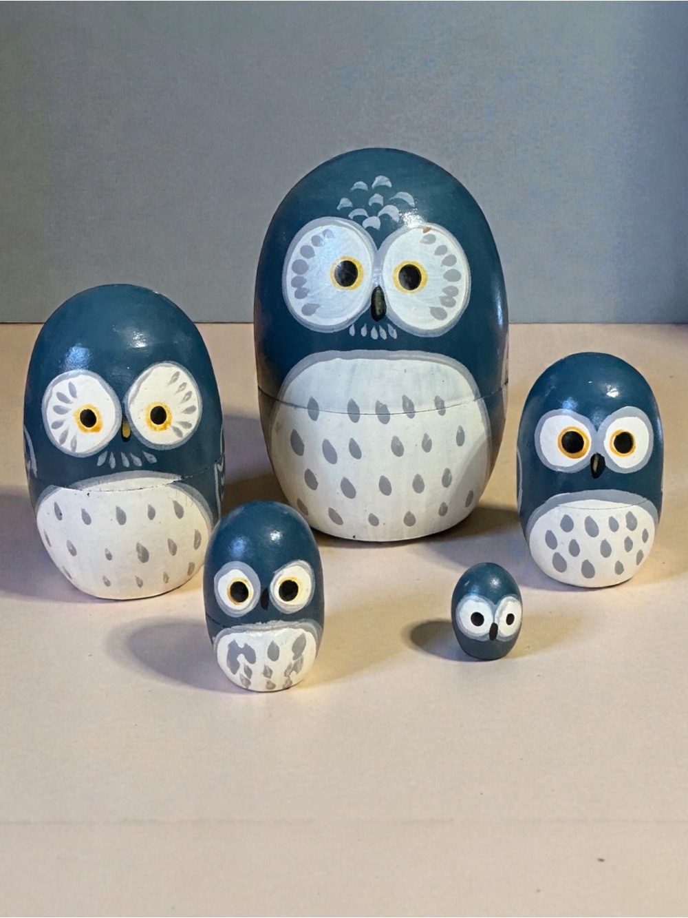Hand-Painted Wooden Blue Owl Nesting Dolls - Set of 5